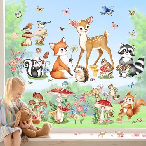 decalmile Fensteraufkleber Kinderzimmer Tiere Fenster Abziehbilder Waldtiere Hirsch Fuchs Eichhörnchen Anti-Kollision Fenstersticker Frühling Sommer Glas Fensterdeko Aufkleber Kinderzimmer von decalmile