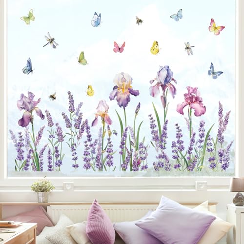 decalmile Fensteraufkleber Blumen Lavendel Fensterbilder Frühling Fenster Abziehbilder Pflanzen Blumen Anti-Kollision Fensterfolie Glas Fensterdeko Aufkleber von decalmile