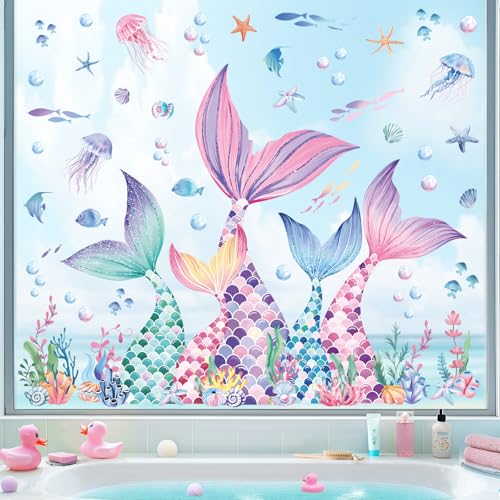 decalmile Fensteraufkleber Meerjungfrau Schwanz Fenster Abziehbilder Unterwasserwelt Unter dem Meer Fisch Seetang Anti-Kollision Fenstersticker Badezimmer Glas Fensterdeko Aufkleber von decalmile