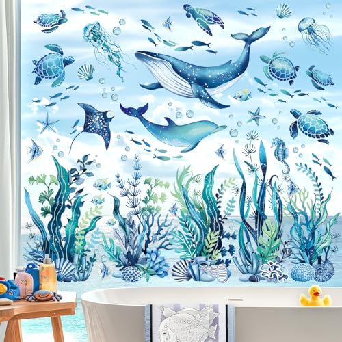 decalmile Fensteraufkleber Unterwasserwelt Seegras Delphin Fenster Abziehbilder Unter dem Meer Fische Meeresschildkröten Anti-Kollision Fenstersticker Badezimmer Glas Sommer Fensterdeko Aufkleber von decalmile