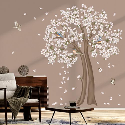 decalmile Wandtattoo Baum Groß Blüten Weiß Wandaufkleber Weiß Blumen Vögel Zweig Wandsticker Schlafzimmer Wohnzimmer TV Wand Haus Wanddeko(H:154cm) von decalmile