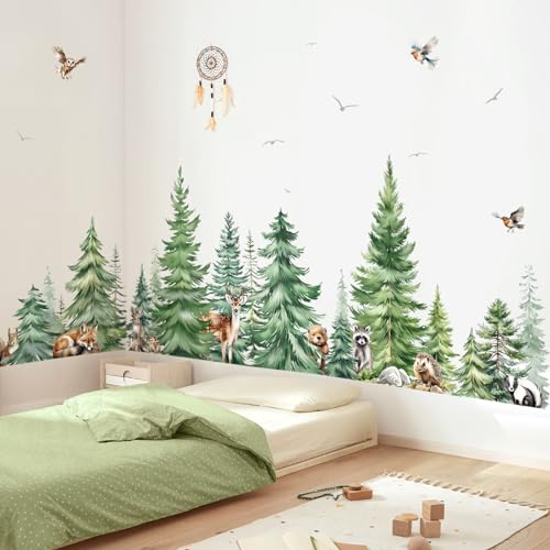 decalmile Wandtattoo Baum Große Kiefer Wandaufkleber Waldtiere Hirsch Bär Fuchs Wandsticker Kinderzimmer Wohnzimmer Schlafzimmer Wanddeko von decalmile