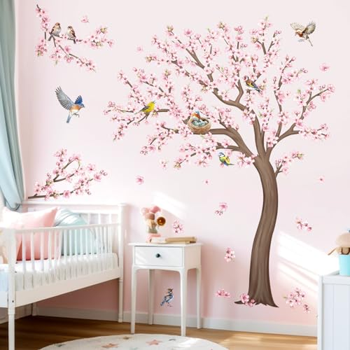 decalmile Wandtattoo Baum Kirschblüte Groß Wandaufkleber Kirschbaum Blumen Rosa Vögel Wandsticker Kinderzimmer Mädchen Wohnzimmer Klassenzimmer Wanddeko(H: 59 inches/150 cm) von decalmile