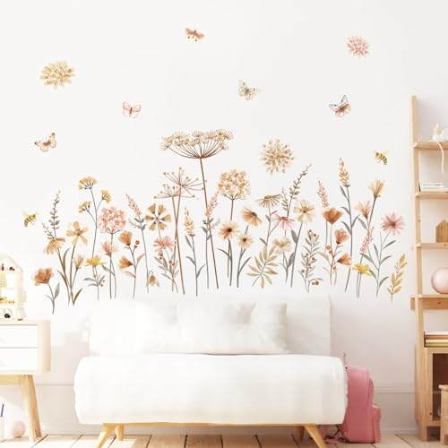 decalmile Wandtattoo Blumen Boho Wandaufkleber Wildblume Löwenzahn Schmetterlinge Wandsticker Schlafzimmer Wohnzimmer Sofa Hintergrund Wanddeko von decalmile