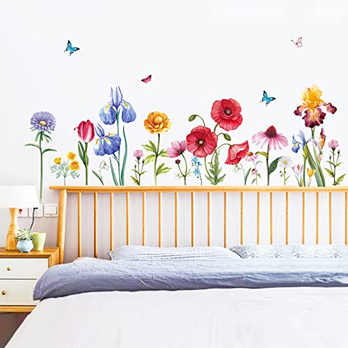 decalmile Wandtattoo Blumen Bordüre Wandsticker Rote Mohn Iris Schmetterling Wandaufkleber Wohnzimmer Schlafzimmer Wanddeko von decalmile