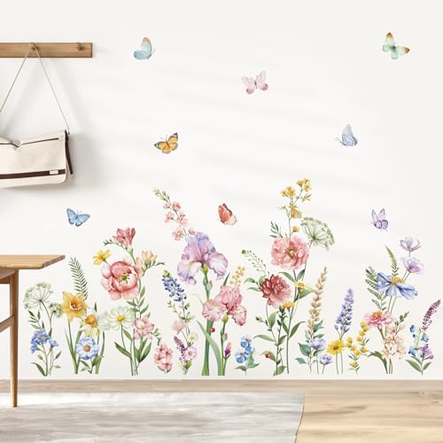 decalmile Wandtattoo Blumen Bunt Wandaufkleber Garten Blumen Schmetterlinge Wandsticker Kinderzimmer Mädchen Wohnzimmer Sofa Hintergrund Wanddeko von decalmile