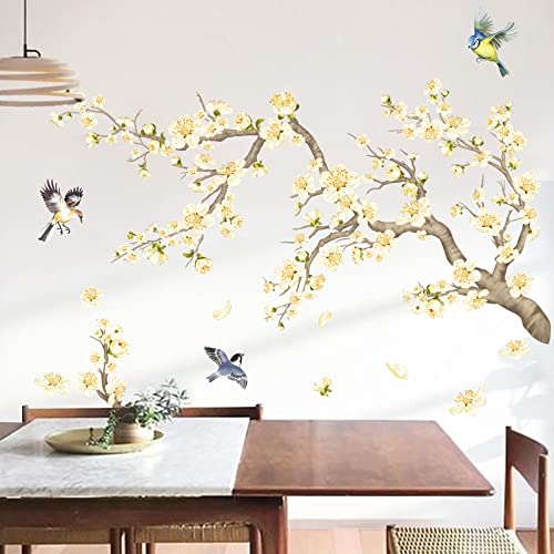 decalmile Wandtattoo Blumen Vögel auf AST Wandaufkleber Blüte Äste Birnenblüte Gelb Wandsticker Schlafzimmer Wohnzimmer Babyzimmer Wanddeko von decalmile