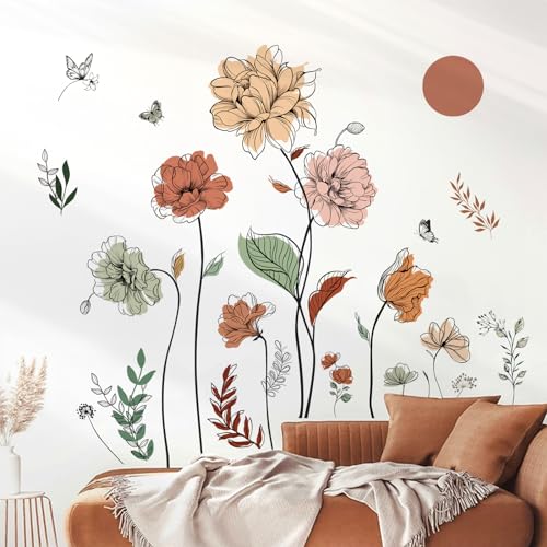 decalmile Wandtattoo Große Boho Blumen Wandaufkleber Bunte Retro Blumen Pflanzen Wandsticker Wohnzimmer Schlafzimmer Büros Wanddeko von decalmile