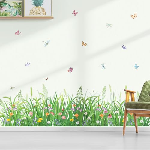 decalmile Wandtattoo Grün Gras Wiese Blumen Wandaufkleber Blumenwiese Bunt Blumen Schmetterlinge Wandsticker Kinderzimmer Wohnzimmer Schlafzimmer Wanddeko von decalmile