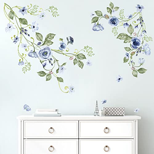 decalmile Wandtattoo Hängende Blume Rosen Blau Wandaufkleber Rebe Blätter Aquarell Wandsticker Mädchen Schlafzimmer Sofa Hintergrund Wanddeko von decalmile