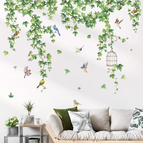 decalmile Wandtattoo Hängende Rebe Grün Wandaufkleber Blätter Blumen Pflanzen Vögel Wandsticker Wohnzimmer Schlafzimmer Esszimmer Wanddeko von decalmile