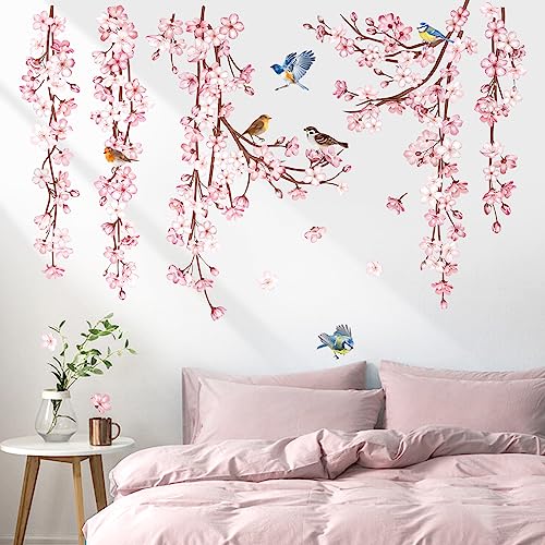 decalmile Wandtattoo Kirschblüte Hängende Wandaufkleber Blumen Rosa Vögel auf Ast Wandsticker Schlafzimmer Wohnzimmer Sofa Fenster Wanddeko von decalmile