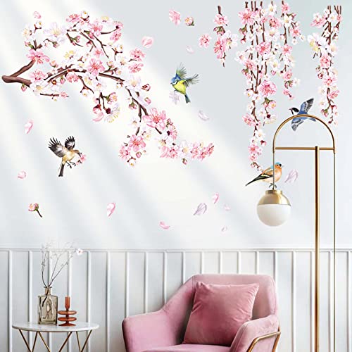 decalmile Wandtattoo Kirschblüte Hängende Wandaufkleber Rosa Blumen Äste Vögel Wandsticker Schlafzimmer Wohnzimmer Fenster Wanddeko von decalmile