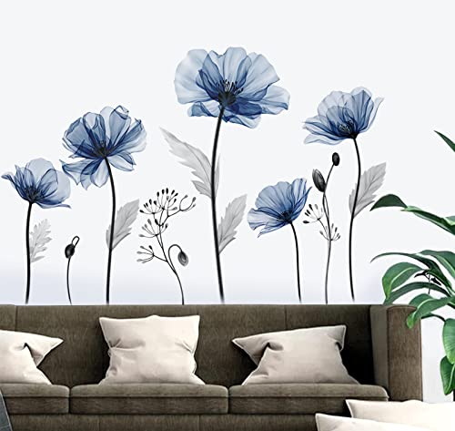 decalmile Wandtattoo Blumen Groß Blau Wandaufkleber Mohnblumen Pflanzen Wandsticker Wohnzimmer Schlafzimmer Badezimmer Wanddeko von decalmile