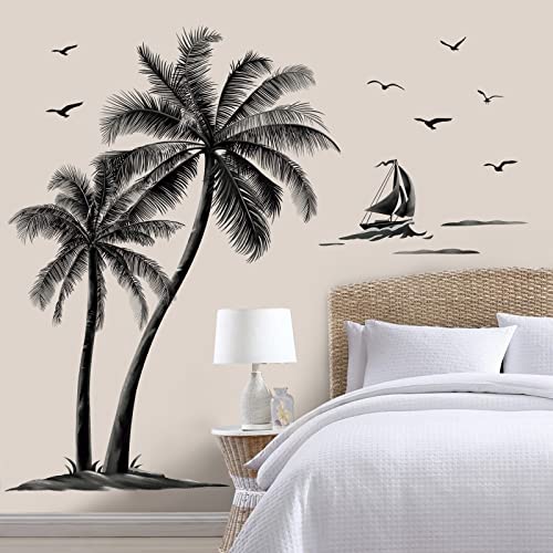 decalmile Wandtattoo Palme Groß Schwarz Wandaufkleber Tropische Pflanzen Vögel Wandsticker Schlafzimmer Wohnzimmer TV Wand Wanddeko von decalmile