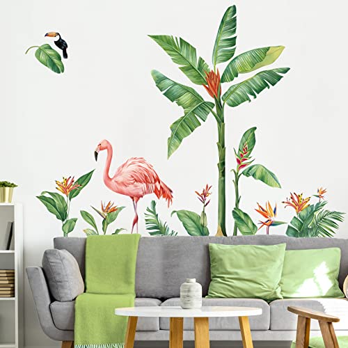 decalmile Wandtattoo Tropische Pflanzen Wandaufkleber Blätter Grüne Baum Flamingos Wandsticker Schlafzimmer Wohnzimmer Flur Wanddeko von decalmile