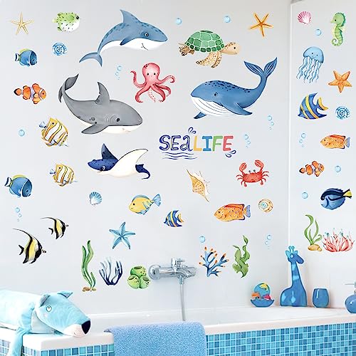 decalmile Wandtattoo Unter dem Meer Tropischer Fisch Wandaufkleber Delphin Hai Meeresschildkröte Wandsticker Kinderzimmer Babyzimmer Badezimmer Wanddeko von decalmile