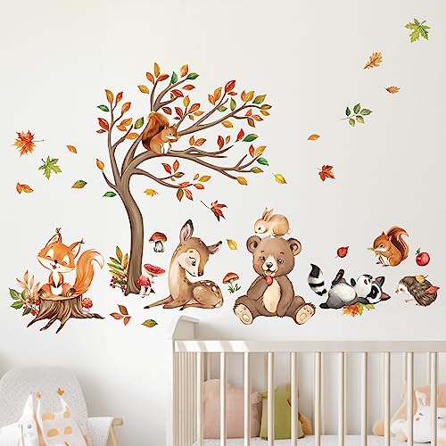 decalmile Wandtattoo Waldtiere Baum Blätter Wandaufkleber Bär Hirsch Fuchs Eichhörnchen Wandsticker Babyzimmer Kinderzimmer Schlafzimmer Wanddeko von decalmile