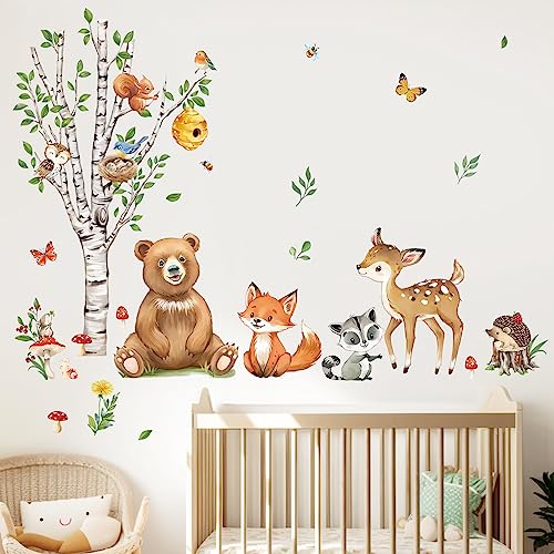 decalmile Wandtattoo Waldtiere Birke Baum Wandaufkleber Bär Fuchs Hirsch Wandsticker Kinderzimmer Babyzimmer Schlafzimmer Wanddeko von decalmile