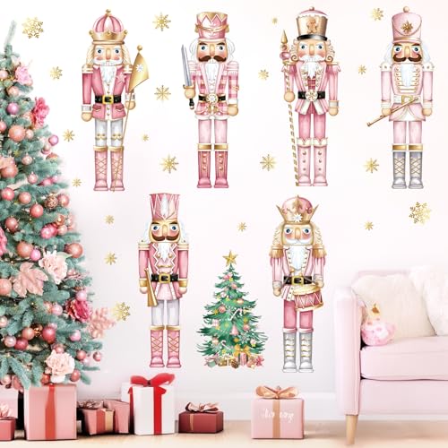 decalmile Weihnachten Fenster Wandtattoo Weihnachten Rosa Nussknacker Wandaufkleber Weihnachtsbaum Nussknacker Soldat Goldene Schneeflocken Wandsticker Kinderzimmer Party Weihnachtsdeko von decalmile