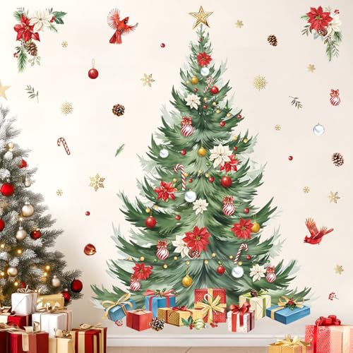 decalmile Weihnachten Fenster Wandtattoo Weihnachtsbaum Große Wandaufkleber Kiefer Baum Aquarell Weihnachtsblumen Kardinal Vogel Wandsticker Schaufenster Weihnachten Party Weihnachtsdeko von decalmile