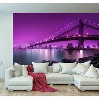 City Night River Purple Bridge Sky Home Wallpaper Wandbild Foto Zimmer Dekoration Wandverkleidung, Wanddekoration von decalsst