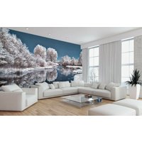 Weißer Schnee Baum See Eis Frost Foto Tapete Wandbild Schneeflocken Poster Wandbezug, Wanddekoration von decalsst