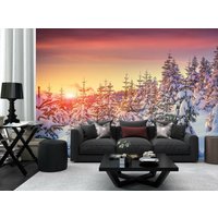 Winter Baum Blätter Fototapete Weiß Schnee Sonnenuntergang Himmel Wandbild Home Schlafzimmer Deko Wandbedeckung, Wanddekoration von decalsst