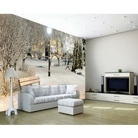 Winter Schnee Weiß Baum Pflanzen Lampe Post Fototapete Wandbild Home Schlafzimmer Deko Wandbedeckung, Wanddekoration von decalsst