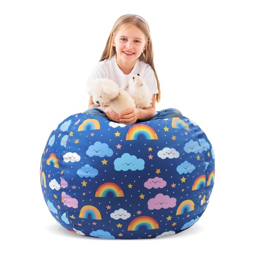 Decalsweet Sitzsack Kinder Spielzeug Stofftier Aufbewahrung, Große Größe Kuscheltiere Aufbewahrung für Mädchen Jungen, Aufbewahrung Organizer Lagerung Kinderzimmer (Nur Tasche） Blau Regenbogen Wolken von decalsweet