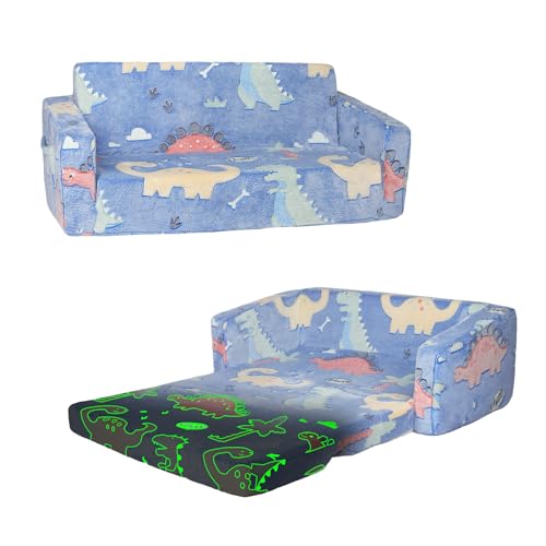 Dinosaurier 2 in 1 Kindersessel im Dunkeln Leuchtend Extra Große, Faltbarer Kinder-KinderSofa-Rückenlehen-Sessel mit Stofftasche, Weiche Flip Open Kindercouch für Schlafzimmer Wohnzimmer Spielzimmer von decalsweet