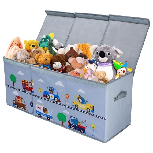 Extra Groß Aufbewahrungsbox mit Deckel Kinder, Zusammenklappbare Oxford-Spielzeugkiste mit Griff für Mädchen Jungen, Wasserdichte Spielzeug Aufbewahrung im Kinderzimmer, 96×32×40 cm (Tier Autos) von decalsweet