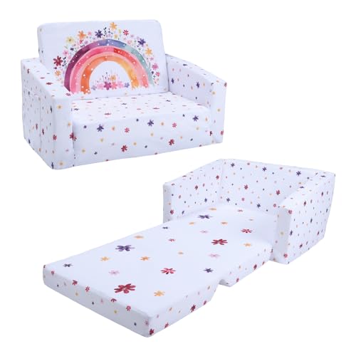 Faltbarer KinderSofa-Rückenlehen-Sessel 2 in 1, Standfest Kindersessel mit Stofftasche und Rutschfestes Kissen, Weiche Leichte Flip Open Kinderstuhl für Schlafzimmer Spielzimmer, Regenbogen von decalsweet
