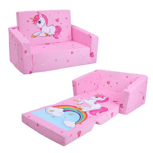 Faltbarer KinderSofa-Rückenlehen-Sessel 2 in 1, Standfest Kindersessel mit Stofftasche und Rutschfestes Kissen, Weiche Leichte Flip Open Kinderstuhl für Schlafzimmer Wohnzimmer Spielzimmer, Einhorn von decalsweet