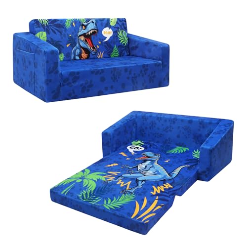 Faltbarer KinderSofa-Rückenlehen-Sessel 2 in 1 Extra Große, Standfest Kindercouch mit Stofftasche für Mädchen Jungen, Weiche Leichte Flip Open Kindersessel Spielsofa Kinderzimmer (Blaue Dinosaurier) von decalsweet