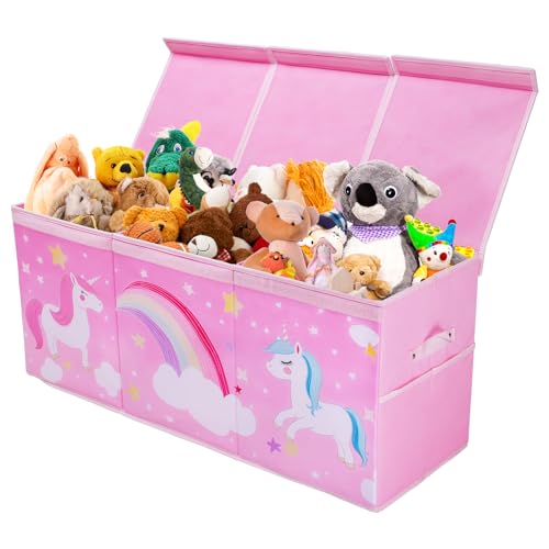 Groß Aufbewahrungsbox mit Deckel Kinder, Zusammenklappbare Oxford-Netztaschen Spielzeugkiste mit Griff, Stabiler Wasserdichter Spielzeug Aufbewahrung im Kinderzimmer, 96×32×40 cm (Rosa Einhorn) von decalsweet