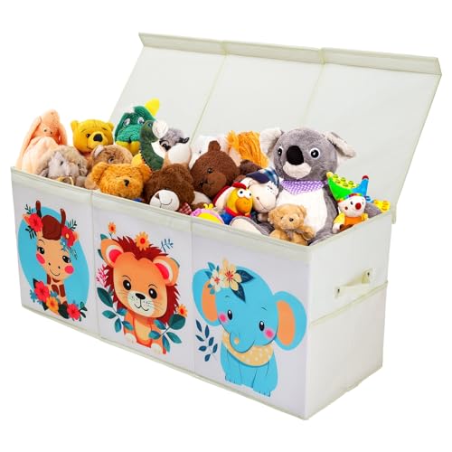 Groß Aufbewahrungsbox mit Deckel Kinder, Zusammenklappbare Oxford-Netztaschen Spielzeugkiste mit Griff, Stabiler Wasserdichter Spielzeug Aufbewahrung im Kinderzimmer 96×32×40 cm (Süßes Tier) von decalsweet