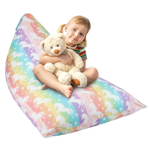 decalsweet Einhorn Aufbewahrung Sitzsack Kinder Faltbar Extra Groß Spielzeug Stofftier Aufbewahrung für Mädchen Jungen Sitzsack-Stuhlbezug für Lagerung Kinderzimmer Bunte(Nur Tasche) von decalsweet