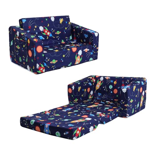 decalsweet Faltbarer KinderSofa-Rückenlehen-Sessel 2 in 1, Standfest Kindersessel mit Stofftasche, Weiche Leichte Flip Open Kinderstuhl für Schlafzimmer Wohnzimmer Spielzimmer, Weltraumrakete von decalsweet