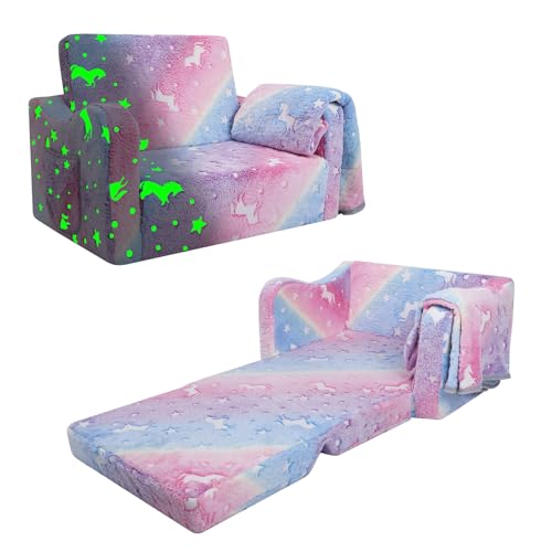 Kindersofa Ausklappbar mit Decke,2 in 1 Schlafsofa Kindersessel für Mädchen,Leuchtendes Kinder Couch für Schlafzimmer Spielzimmer Kinderzimmer,Geschenk zum Geburtstag-Einhorn von decalsweet