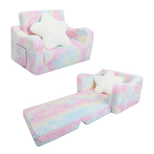 decalsweet Kindersofa Ausklappbar mit Sternenkissen,2 in 1 Schlafsofa Kindersessel für Mädchen,Plüsch Kinder Couch für Schlafzimmer Spielzimmer Kinderzimmer,Geschenk zum Geburtstag-Rosa Geometrie von decalsweet
