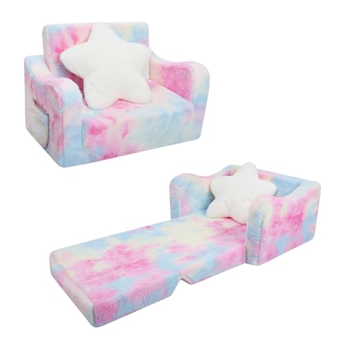 decalsweet Kindersofa Ausklappbar mit Sternenkissen,2 in 1 Schlafsofa Kindersessel für Mädchen,Plüsch Kinder Couch für Schlafzimmer Spielzimmer Kinderzimmer,Geschenk zum Geburtstag-Rosa von decalsweet
