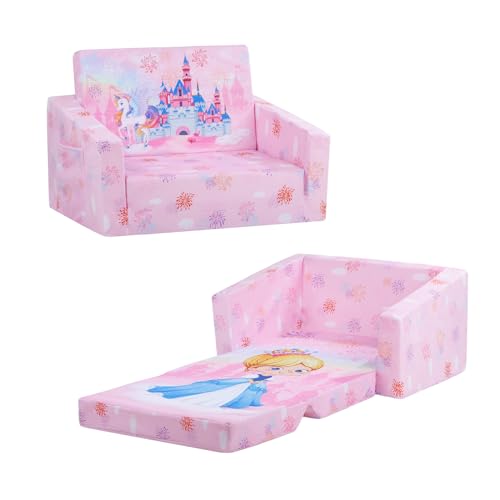decalsweet Prinzessin Schloss Faltbarer KinderSofa-2 in 1 Schlafsofa für Mädchen- Kindersessel mit Stofftasche, Weiche Flip Open Kinderstuhl für Schlafzimmer Wohnzimmer Spielzimmer von decalsweet