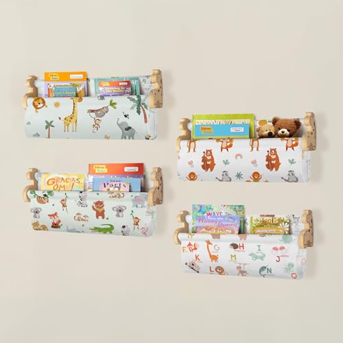 decalsweet Wandregal Kinderzimmer, 4er Set Bücherregal Kinder Wand, 40cm Bücherregal Kinder mit Giraffen-Design, Massivholz Wandregal für Bücher Spielzeug Schweberegal Montessori Regal von decalsweet