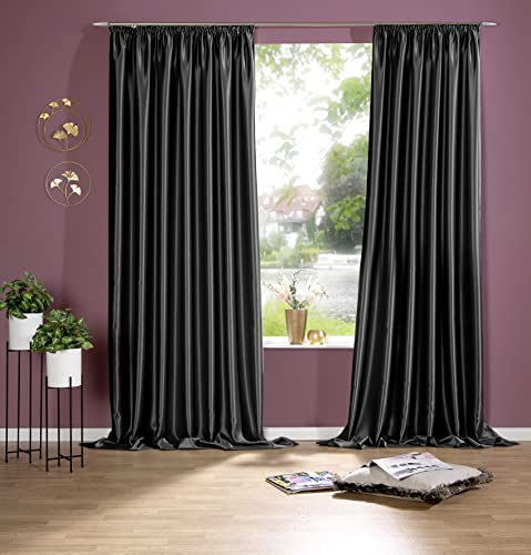 DecoHome | Satin Gardine mit Kräuselband, Verdunklungsvorhänge, Blickdicht, Höhe personalisierbar | Schwarz | 300 cm DecoHome | Satin Gardine mit Kräuselband, Verdunklungsvorhänge, Blickdicht, Höhe personalisierbar | Schwarz | 300 cm von deco home