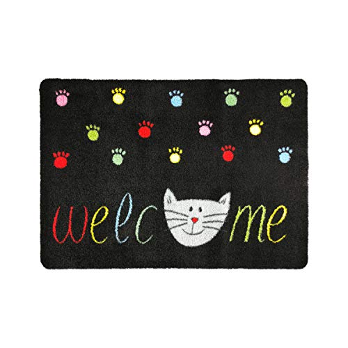 deco-mat Fußmatte Katze 40 x 60 cm Schwarz - Fussmatte mit Katzen - rutschfest & waschbar - Schmutzfangmatte für Innen und Außen mit lustigem Motiv von deco-mat