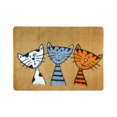 deco-mat Fußmatte Katze 60 x 90 cm Beige - Fussmatte mit Katzen - rutschfest & waschbar - Schmutzfangmatte für Innen und Außen mit lustigem Motiv von deco-mat