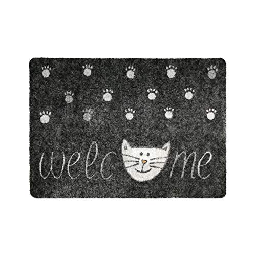 deco-mat Fußmatte Katze 60 x 90 cm Grau - Fussmatte mit Katzen - rutschfest & waschbar - Schmutzfangmatte für Innen und Außen mit lustigem Motiv von deco-mat