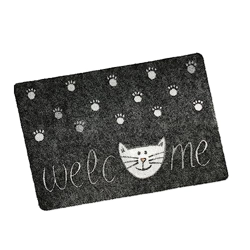 deco-mat Leicht zu reinigende rutschfeste Fußmatte - Katze Welcome 50x70cm Grau ohne Rand - Perfekt für Innen und Außen von deco-mat