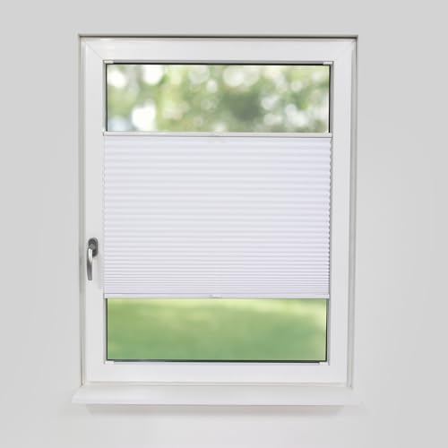 Deco-Raum Plissee auf Maß für alle Fenster innen, Montage in Glasleiste mit Spannschuh, Plissee mit Bohren Faltrollo Sichtschutz und Sonnenschutz Farbe Weiß B:51-60 cm, H: 40-100 cm von deco-raum